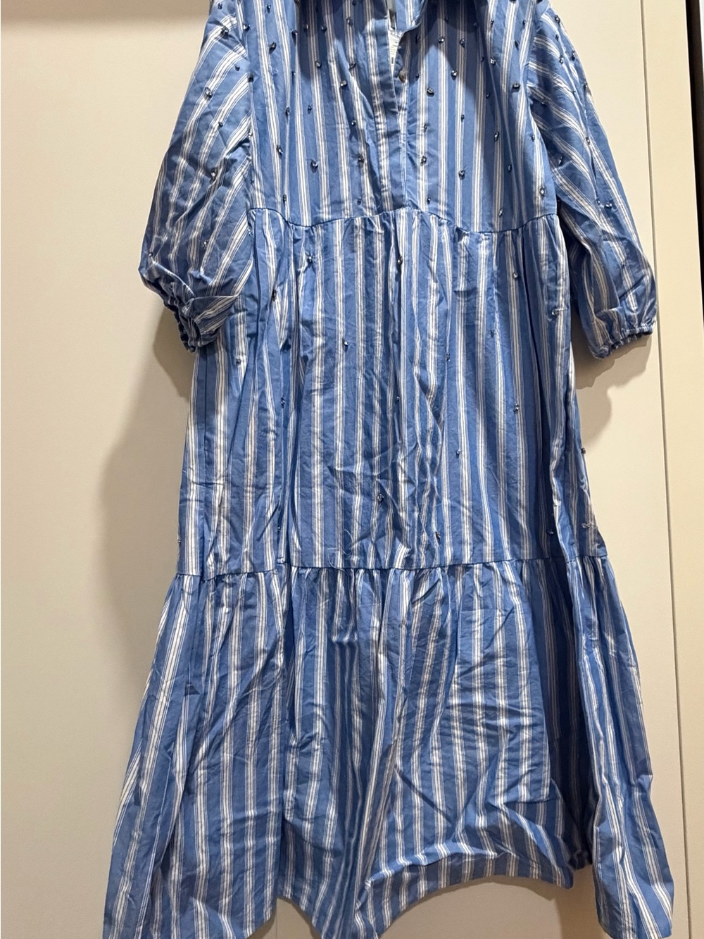 Anthropologie Blue and White Striped embellished Midi Shirt Dress - Picture 5 of 7
